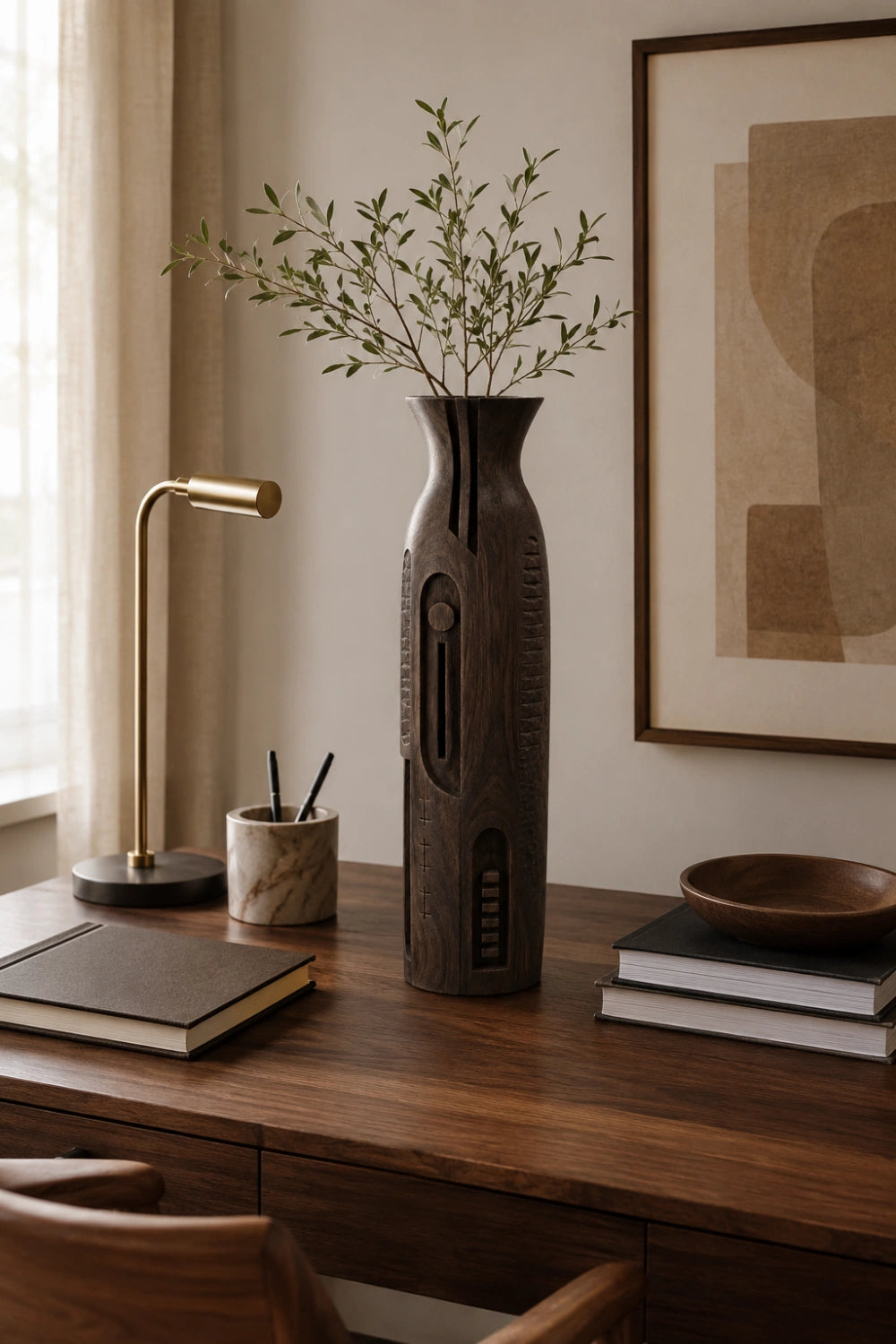 Linear Carved Wood Floor Vase | Sleek Geometric Sculpture | Modern Space Decor
