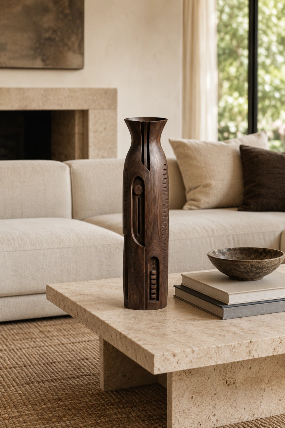 Linear Carved Wood Floor Vase | Sleek Geometric Sculpture | Modern Space Decor