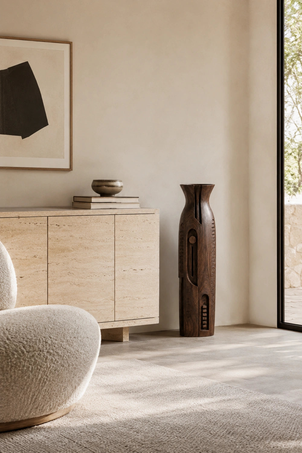 Linear Carved Wood Floor Vase | Sleek Geometric Sculpture | Modern Space Decor