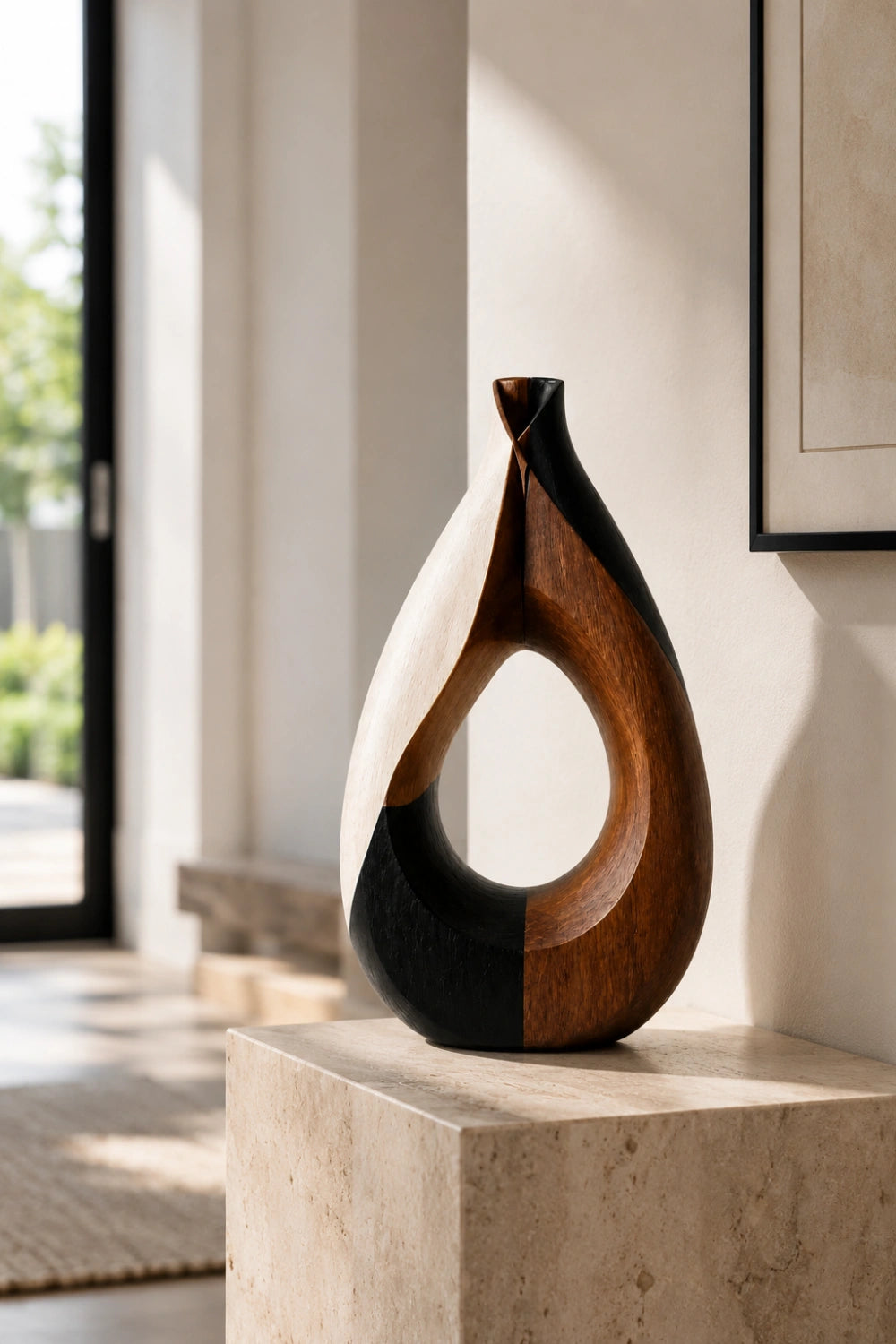 Mixed Wood Teardrop Vase | Sculptural Tri-Tone Vessel Unique Gift Idea