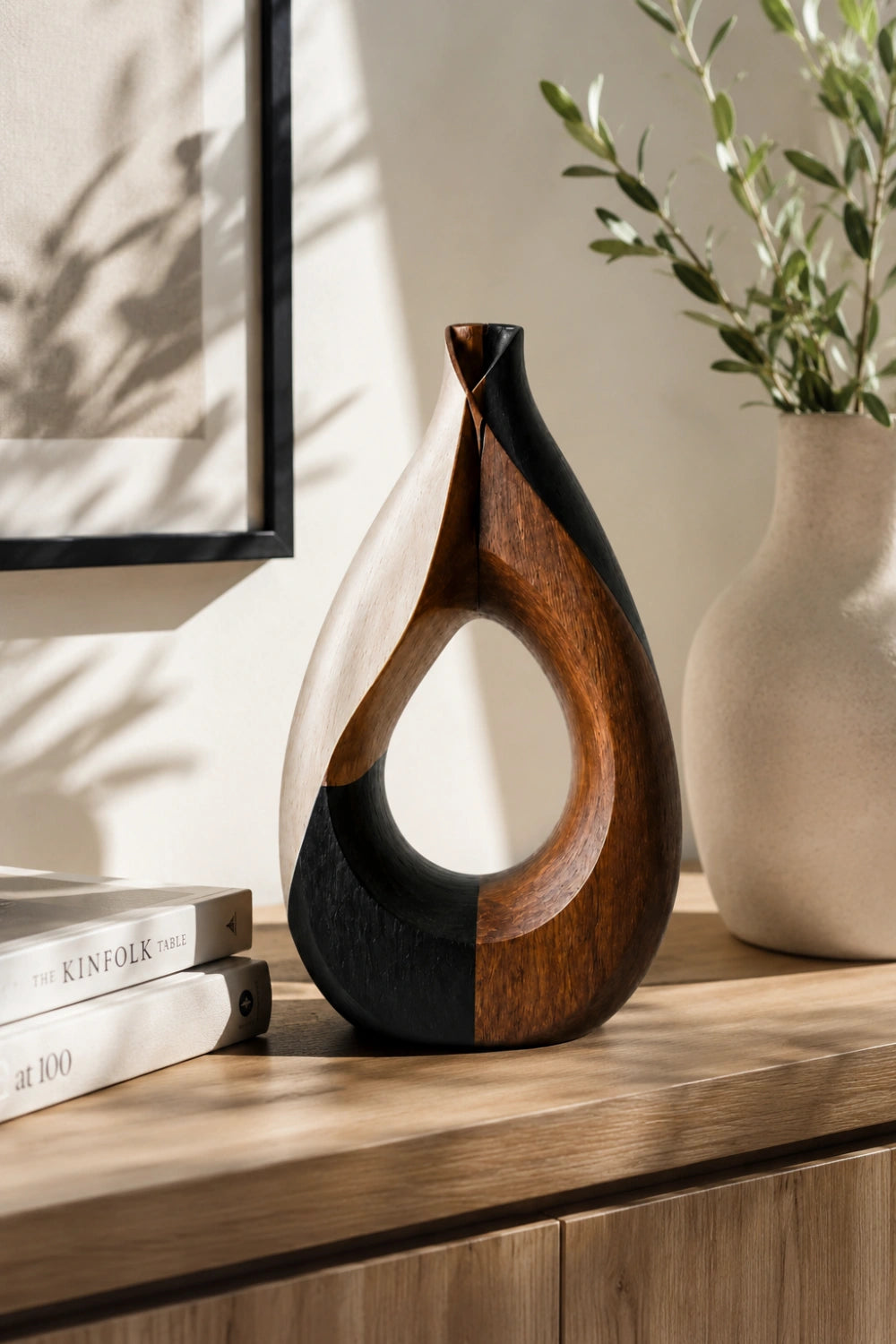 Mixed Wood Teardrop Vase | Sculptural Tri-Tone Vessel Unique Gift Idea