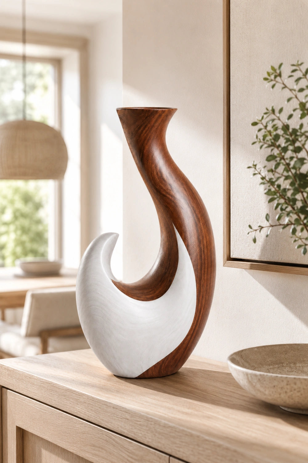 Hand-Carved Abstract Wooden Vase Modern Asymmetrical Home Decor Art Piece