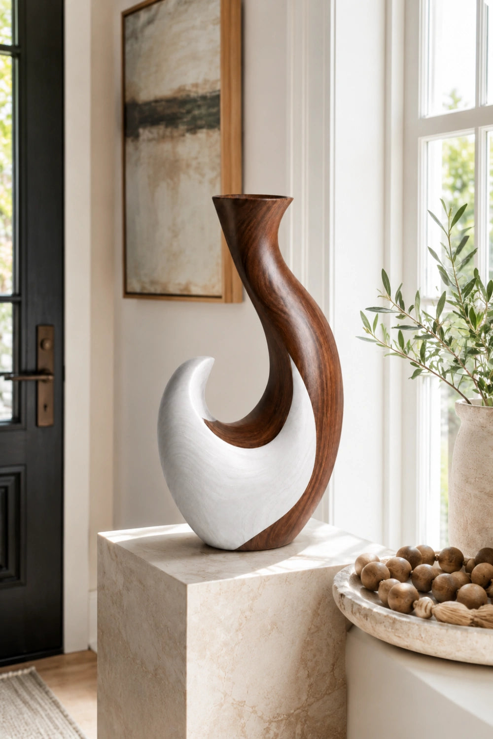 Hand-Carved Abstract Wooden Vase Modern Asymmetrical Home Decor Art Piece
