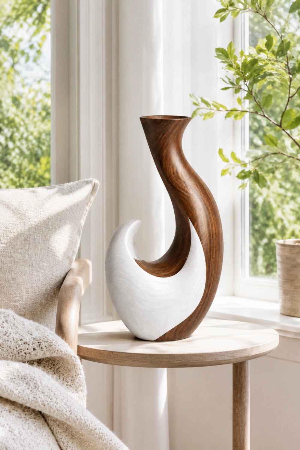 Hand-Carved Abstract Wooden Vase Modern Asymmetrical Home Decor Art Piece