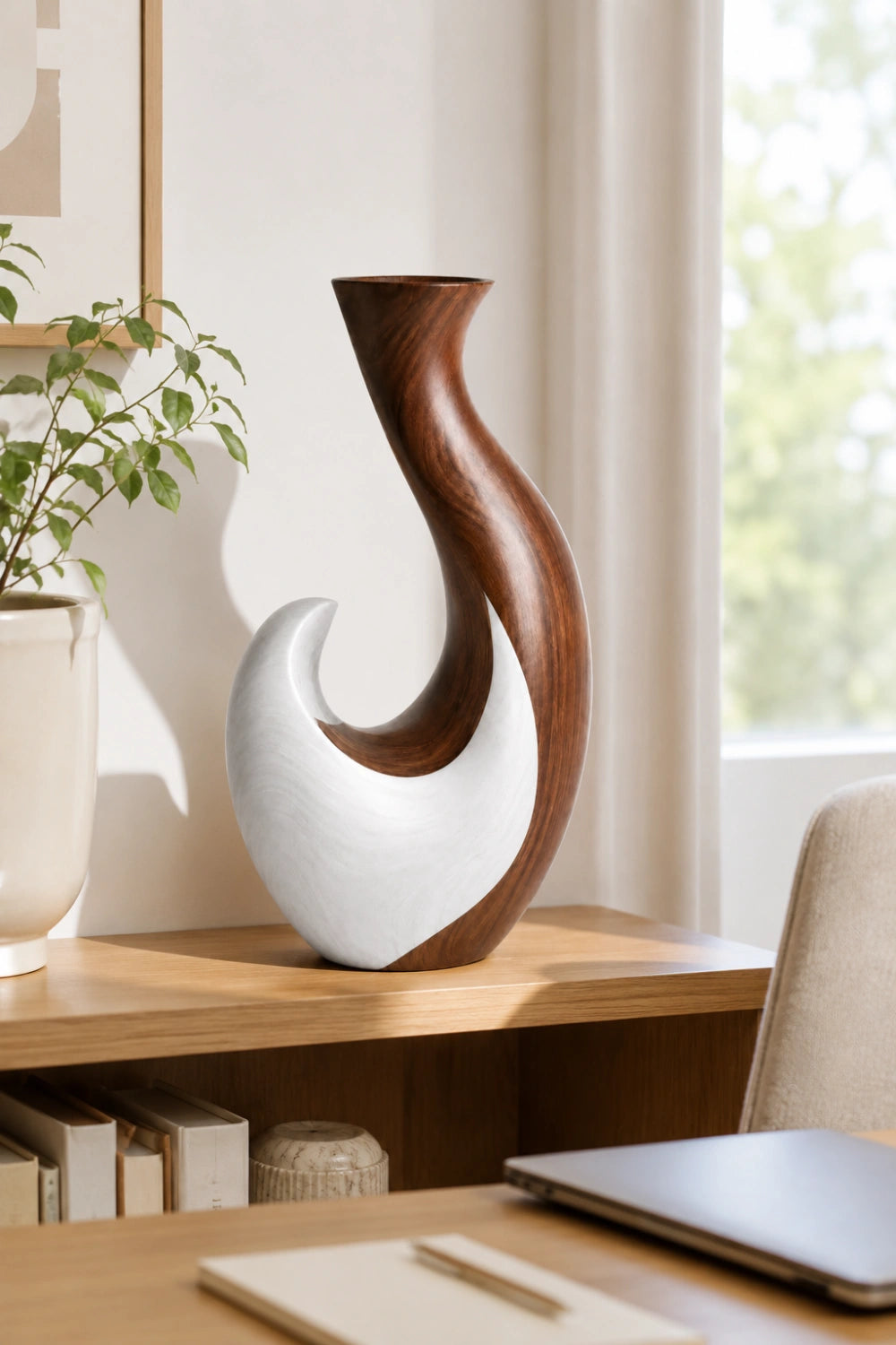 Hand-Carved Abstract Wooden Vase Modern Asymmetrical Home Decor Art Piece