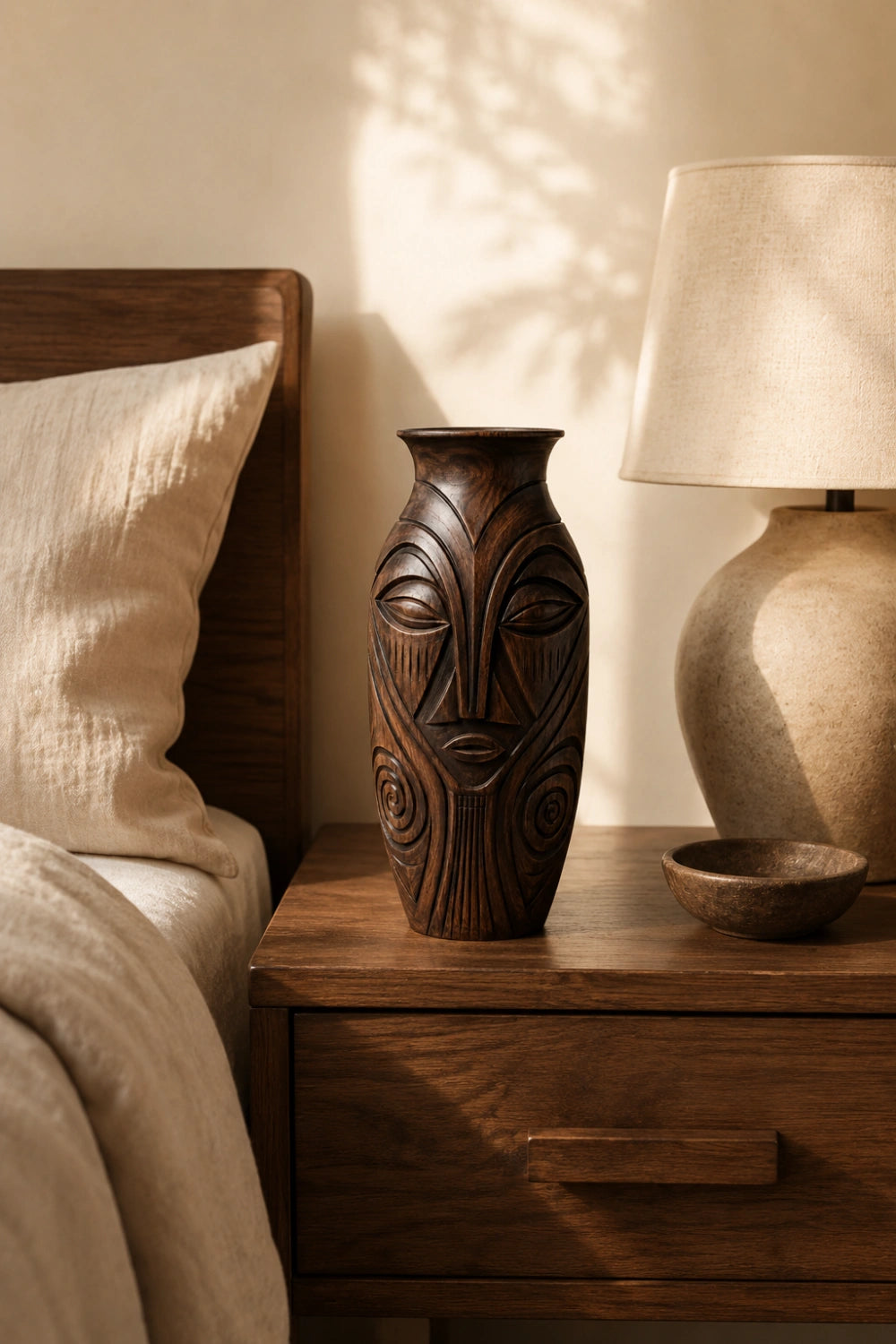 Large Handmade Wooden Floor Vase With Intricate Spiral Patterns And Dark Finish