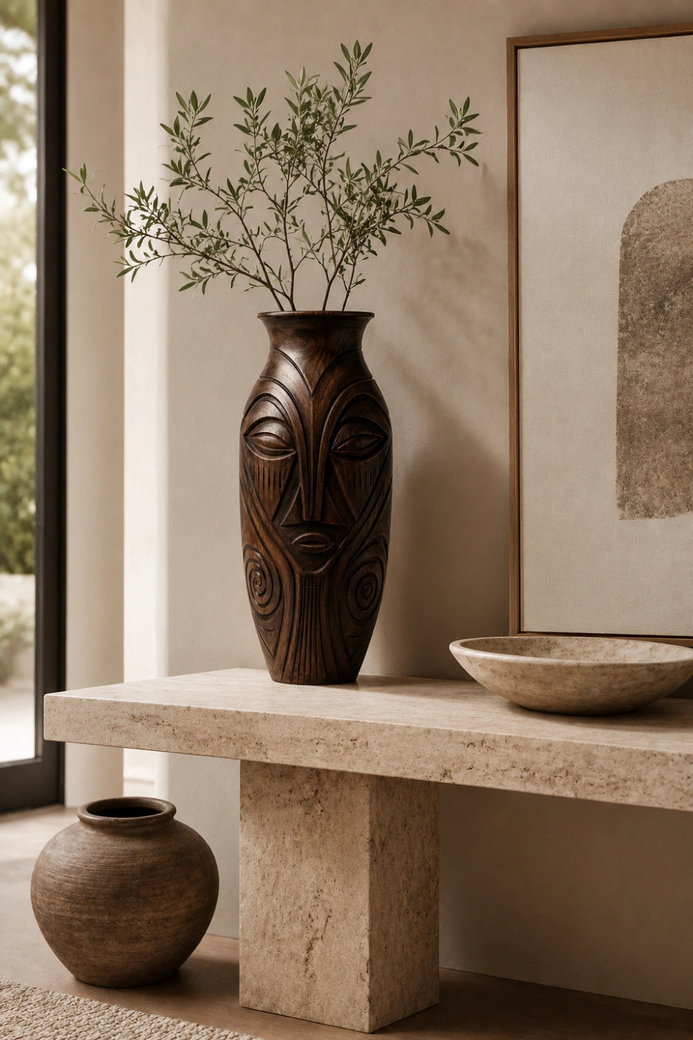 Large Handmade Wooden Floor Vase With Intricate Spiral Patterns And Dark Finish