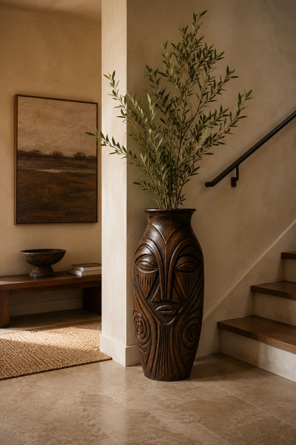 Large Handmade Wooden Floor Vase With Intricate Spiral Patterns And Dark Finish
