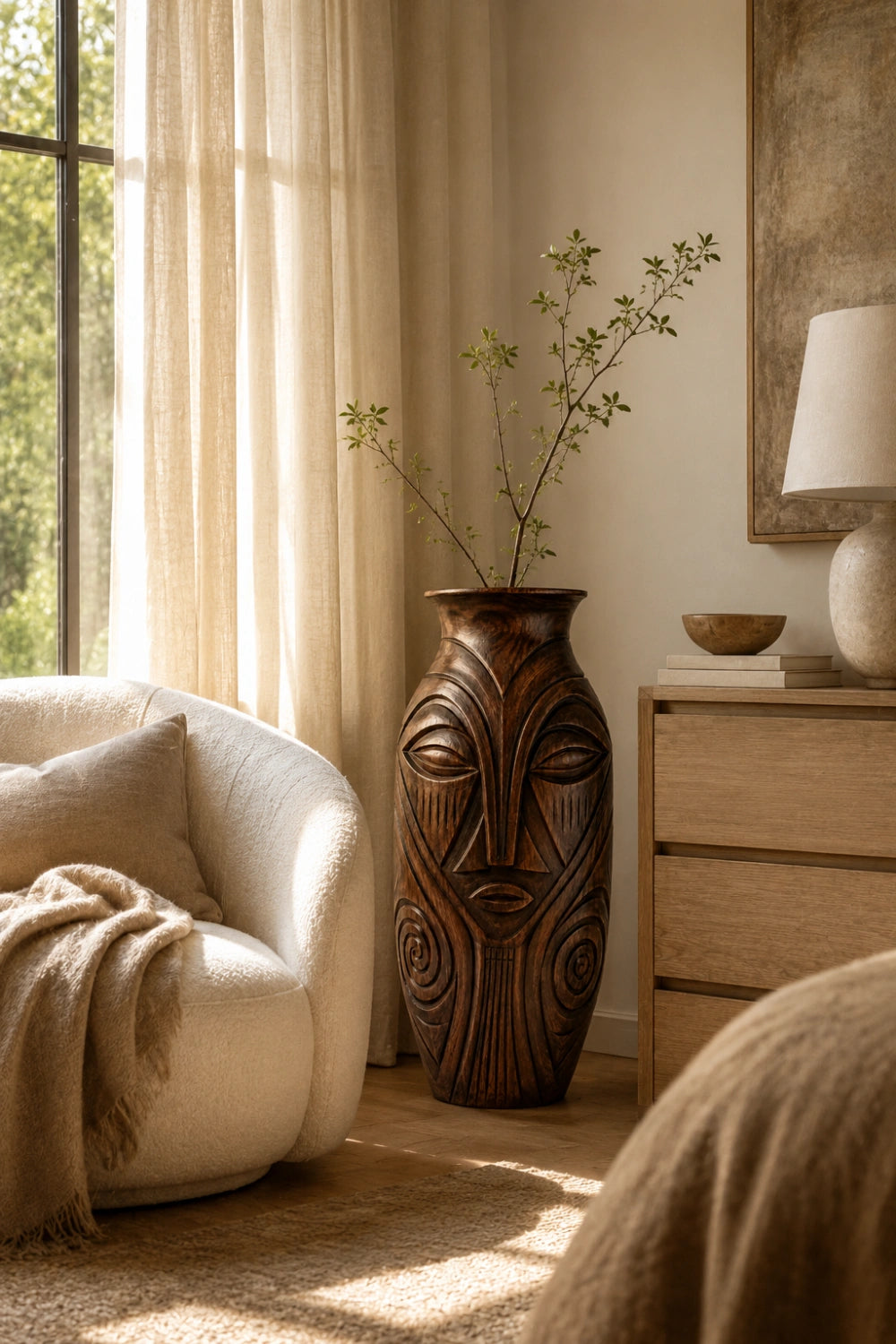 Large Handmade Wooden Floor Vase With Intricate Spiral Patterns And Dark Finish