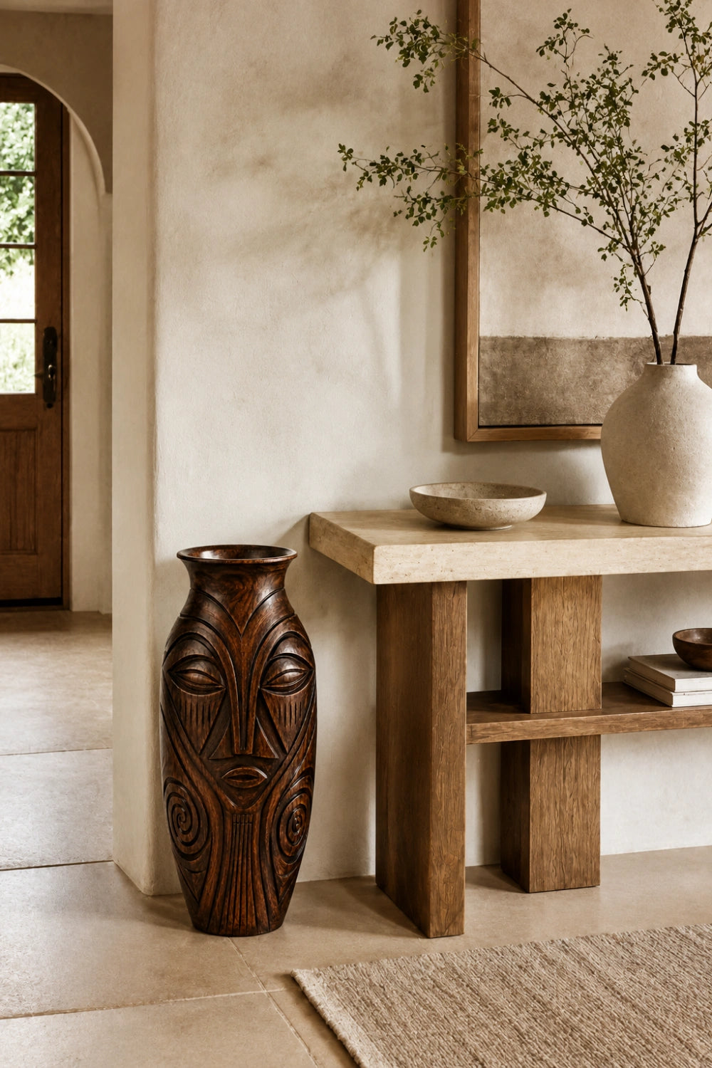 Large Handmade Wooden Floor Vase With Intricate Spiral Patterns And Dark Finish