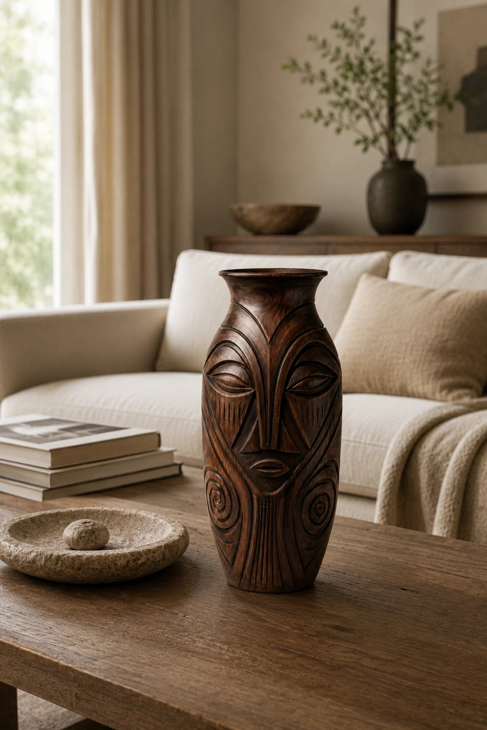 Large Handmade Wooden Floor Vase With Intricate Spiral Patterns And Dark Finish