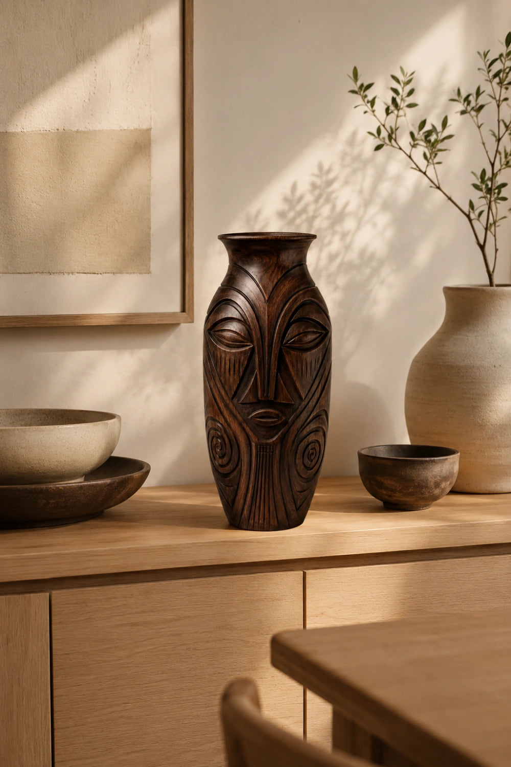 Large Handmade Wooden Floor Vase With Intricate Spiral Patterns And Dark Finish
