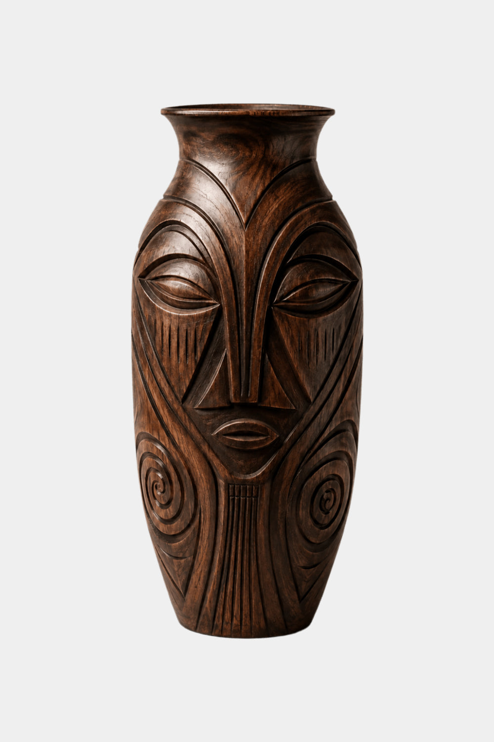 Large Handmade Wooden Floor Vase With Intricate Spiral Patterns And Dark Finish