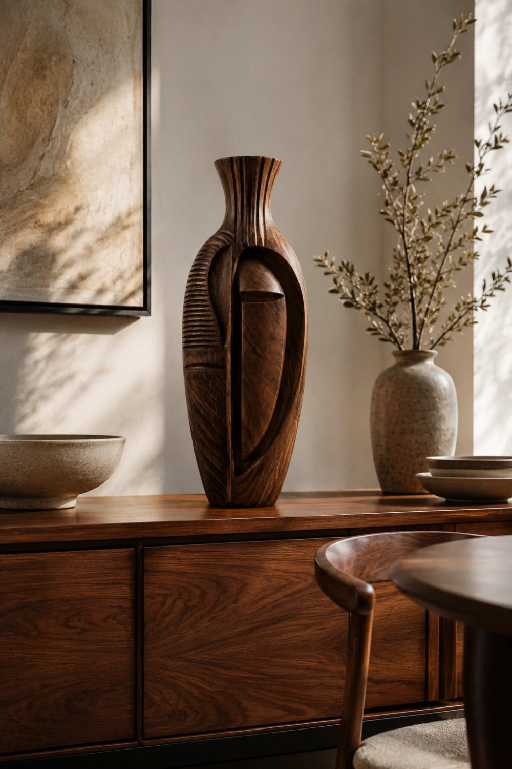 Hand Carved Abstract Wooden Vase African Tribal Wabi Sabi Decor