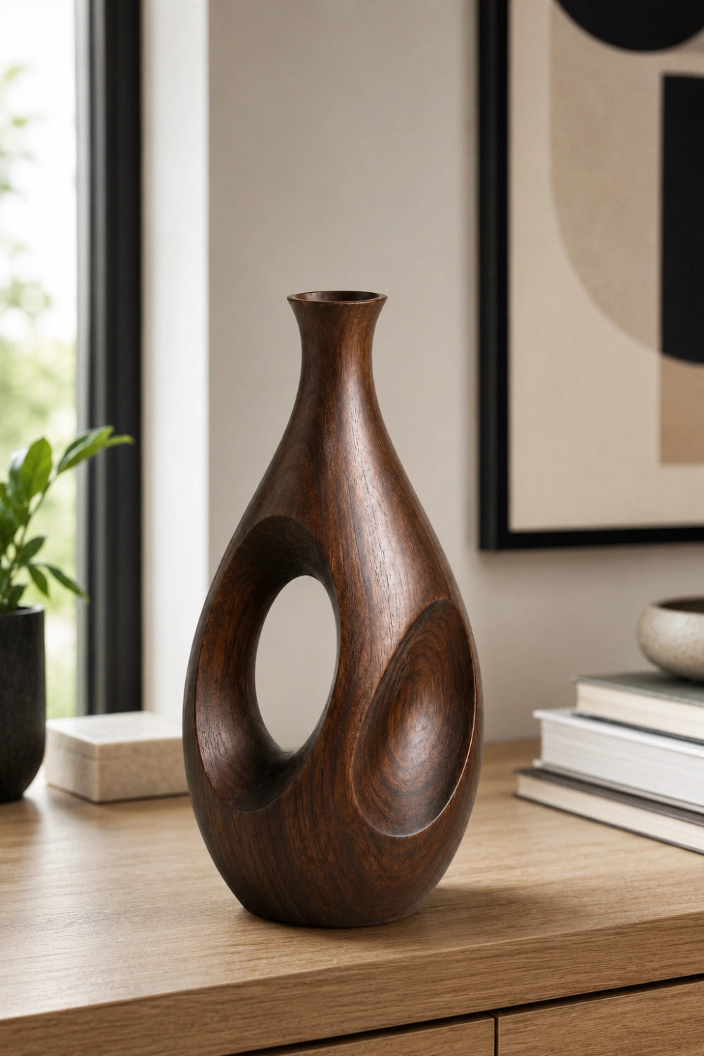 Artistic Walnut Wood Vase Handmade Sculptural Decor For Contemporary Interiors