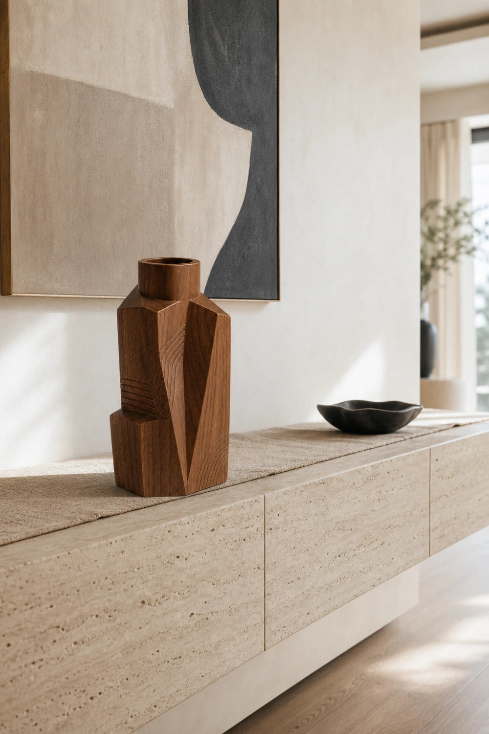 Sculptural Wooden Vase Modern Abstract Decor Accent For Minimalist Spaces