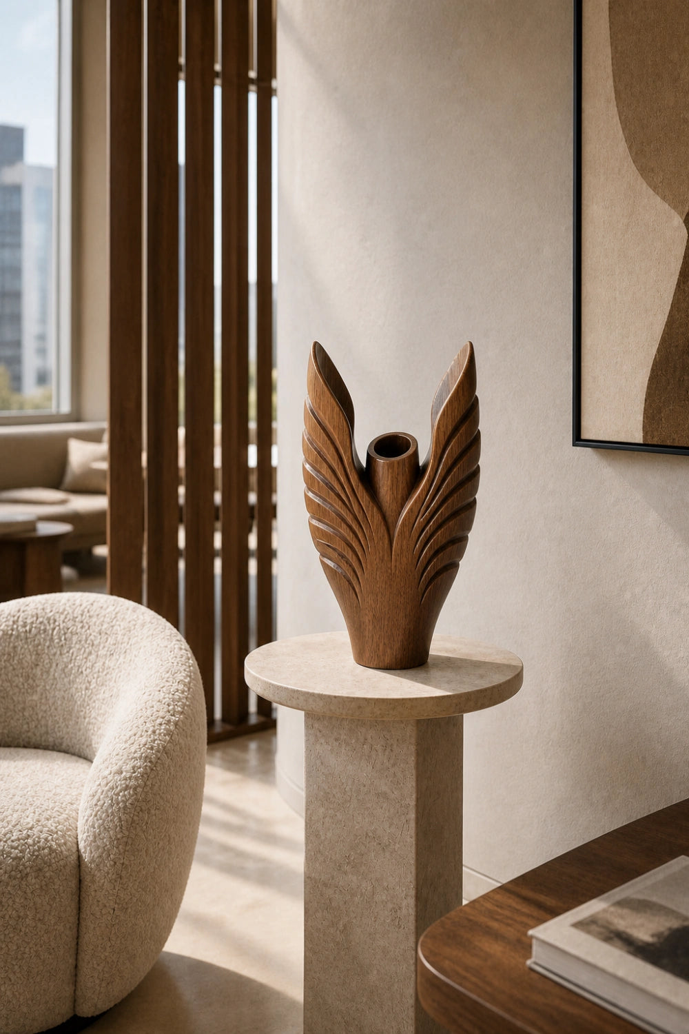 Hand Carved Abstract Wooden Vase Sculptural Art Piece For Modern Home Decor