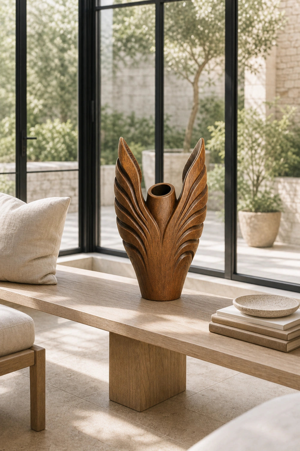 Hand Carved Abstract Wooden Vase Sculptural Art Piece For Modern Home Decor