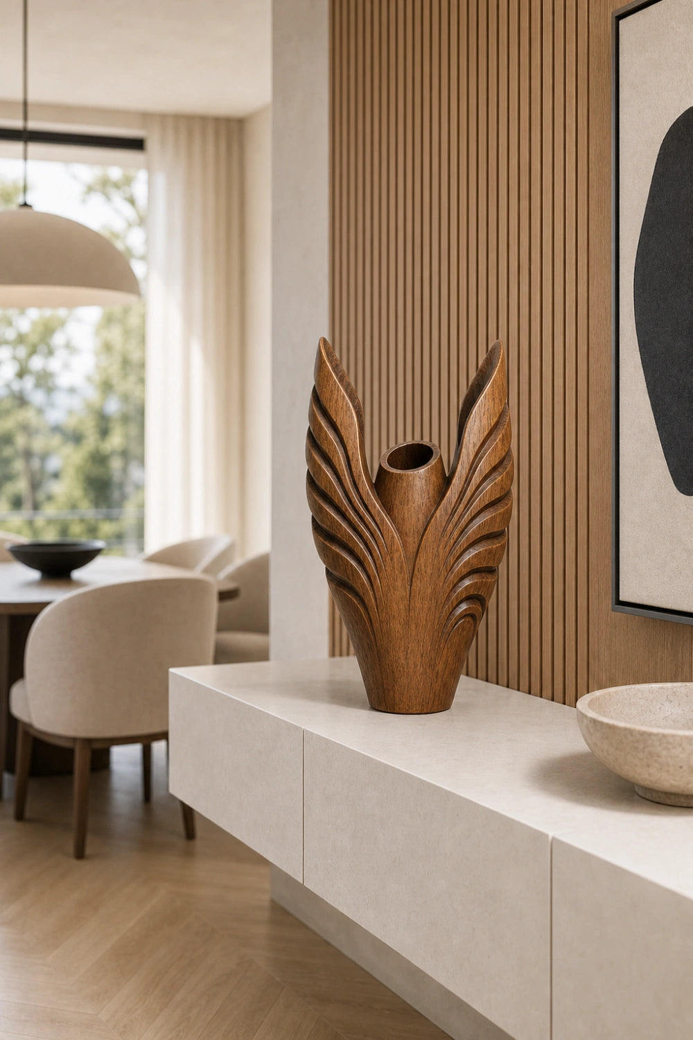 Hand Carved Abstract Wooden Vase Sculptural Art Piece For Modern Home Decor