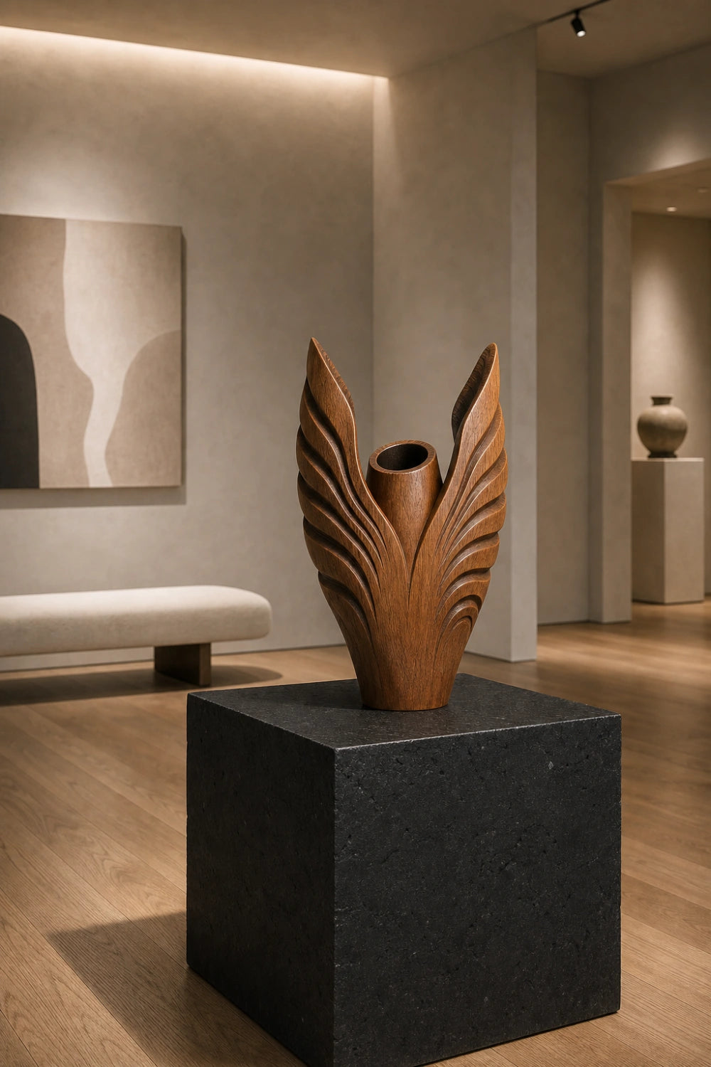 Hand Carved Abstract Wooden Vase Sculptural Art Piece For Modern Home Decor