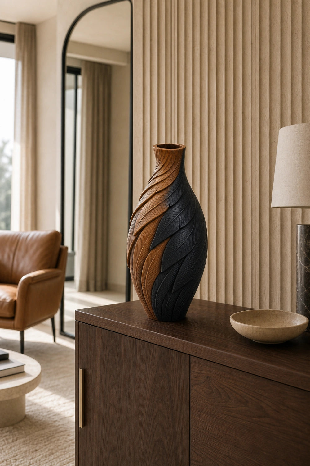 Modern Minimalist Wood Vase Abstract Spiral Design Luxury Home Accent