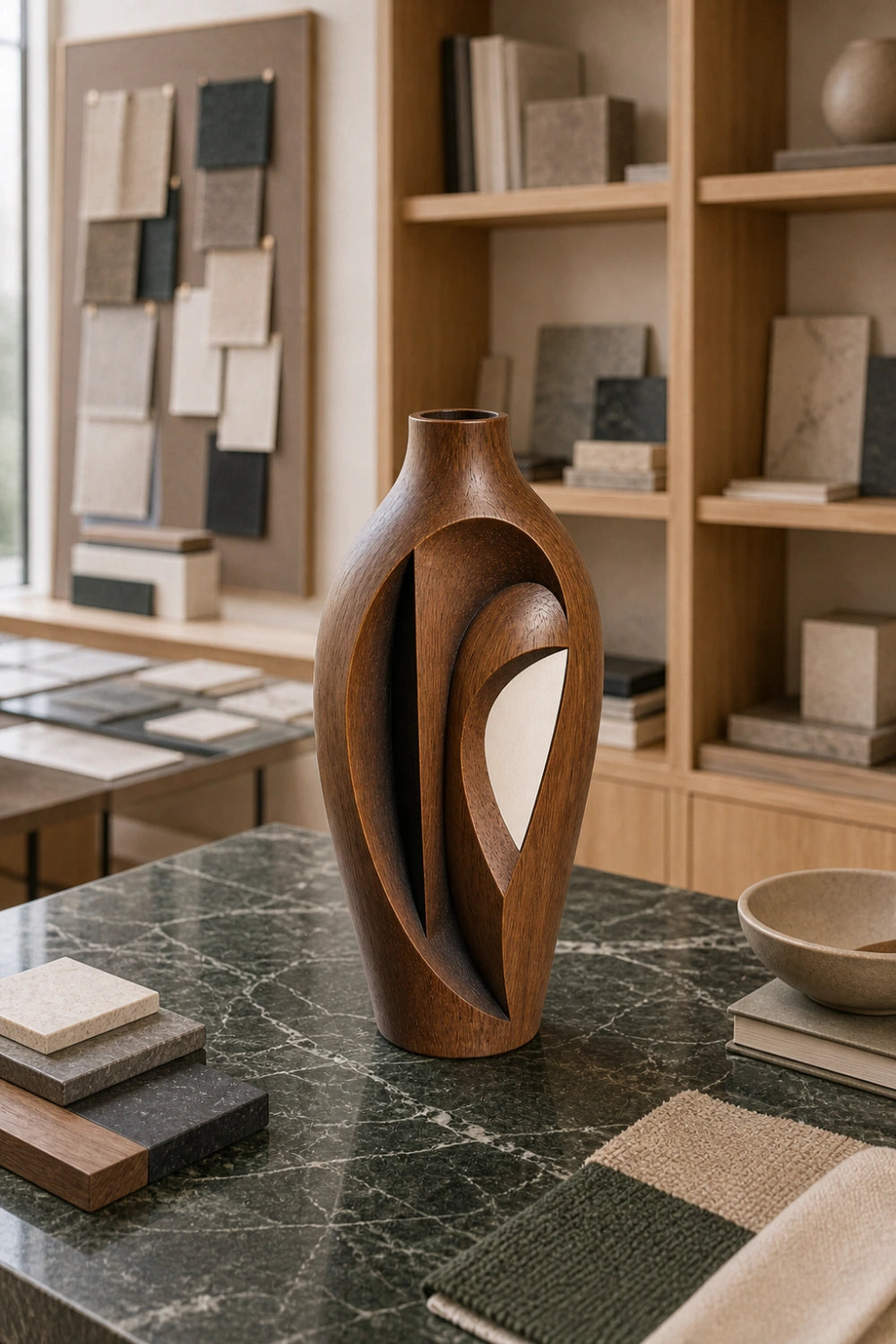 Hand-Carved Abstract Wooden Vase Modern Sculptural Art For Home Decor
