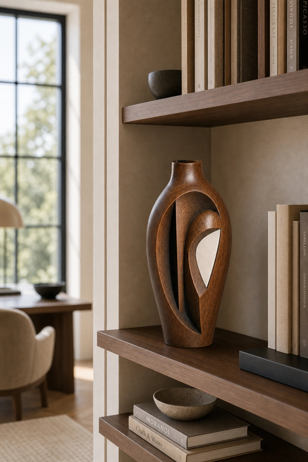 Hand-Carved Abstract Wooden Vase Modern Sculptural Art For Home Decor