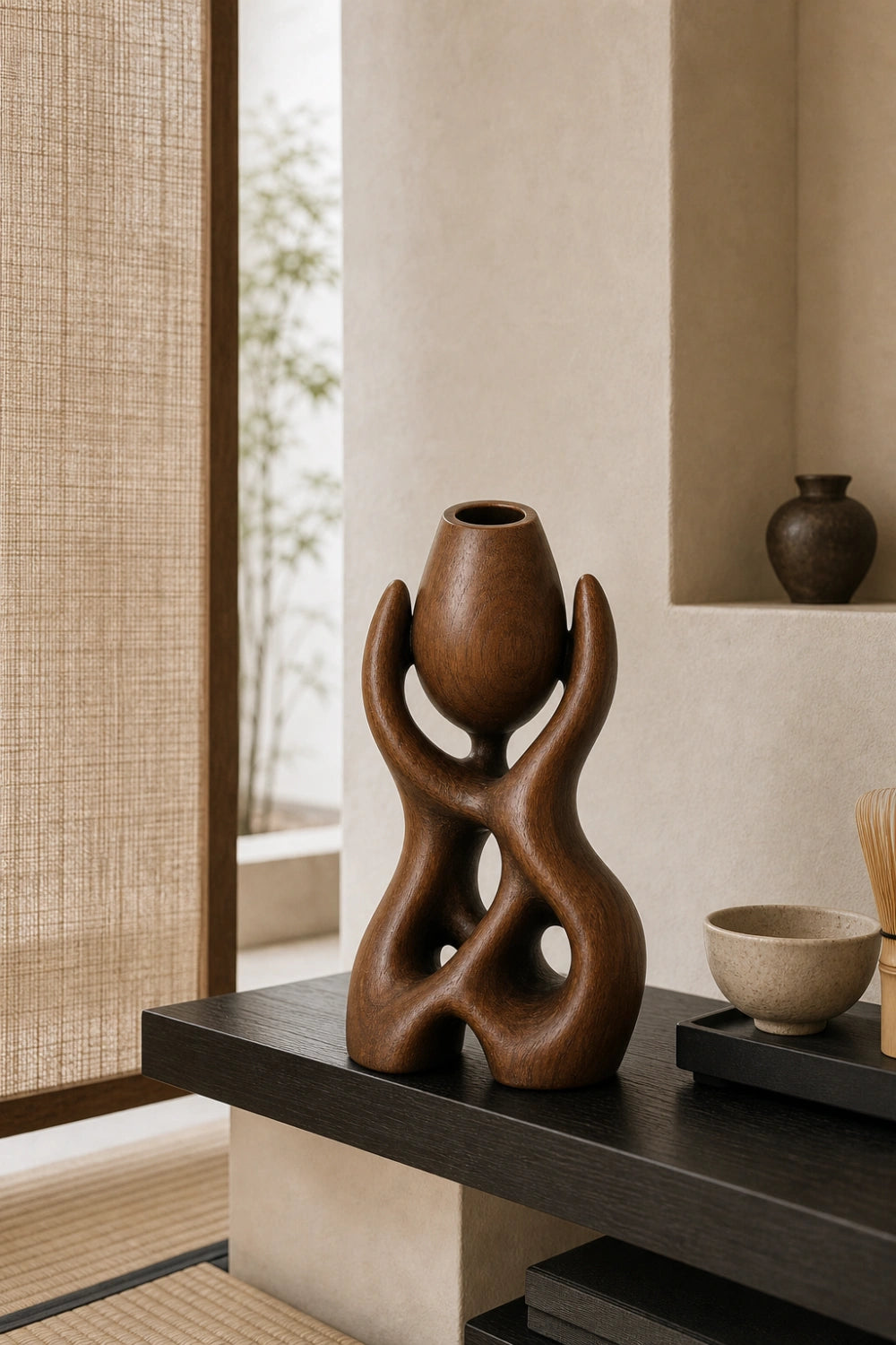 Modern Abstract Wooden Vase Sculpture For Minimalist Interior Design