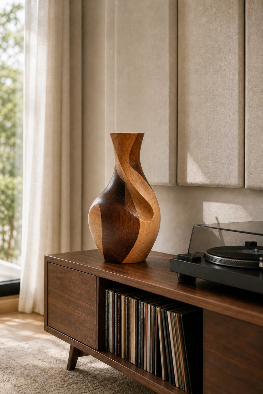 Handcrafted Abstract Wooden Vase With Twisted Grain For Modern Home Decor