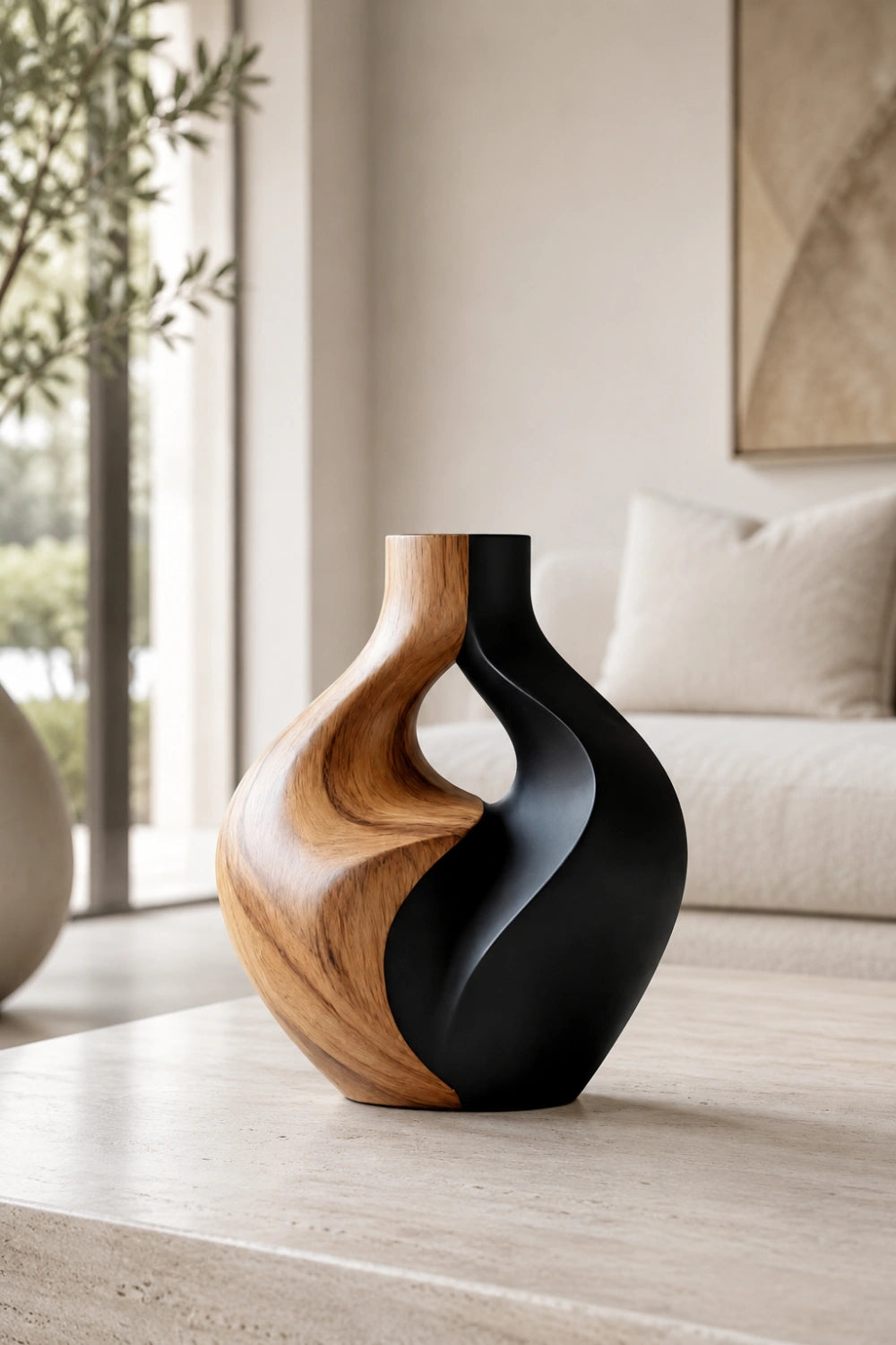 Hand-Carved Abstract Wooden Vase Modern Art Decor For Living Room