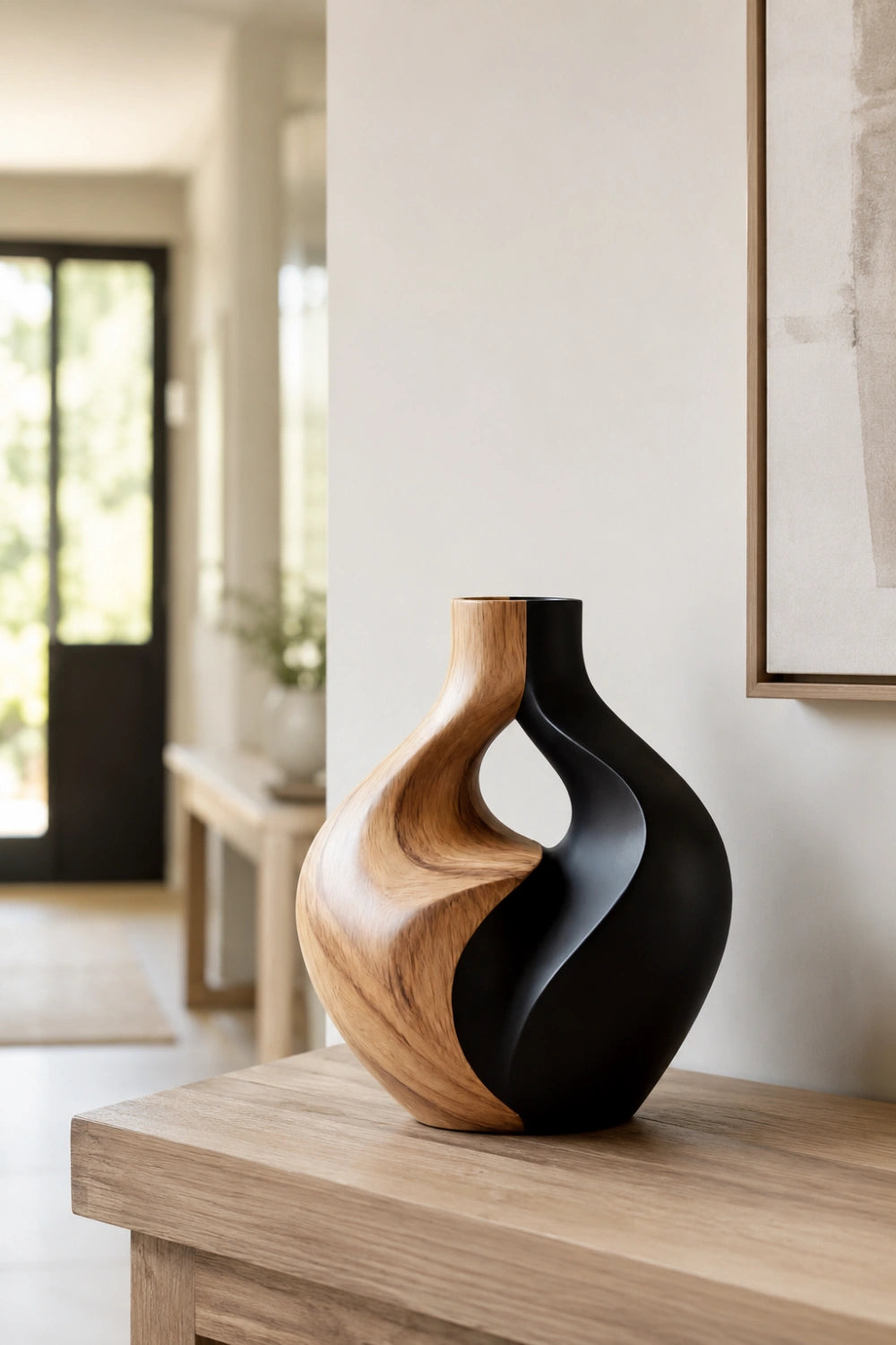 Hand-Carved Abstract Wooden Vase Modern Art Decor For Living Room