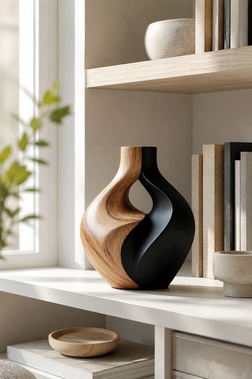 Hand-Carved Abstract Wooden Vase Modern Art Decor For Living Room