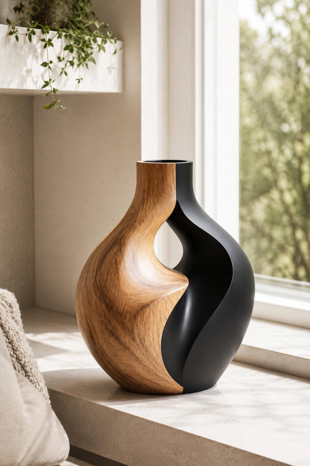 Hand-Carved Abstract Wooden Vase Modern Art Decor For Living Room