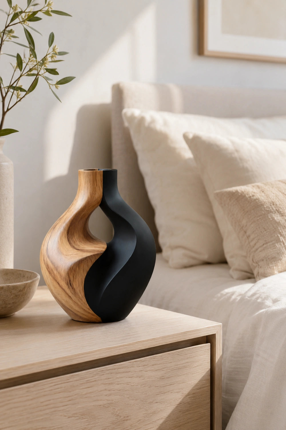 Hand-Carved Abstract Wooden Vase Modern Art Decor For Living Room