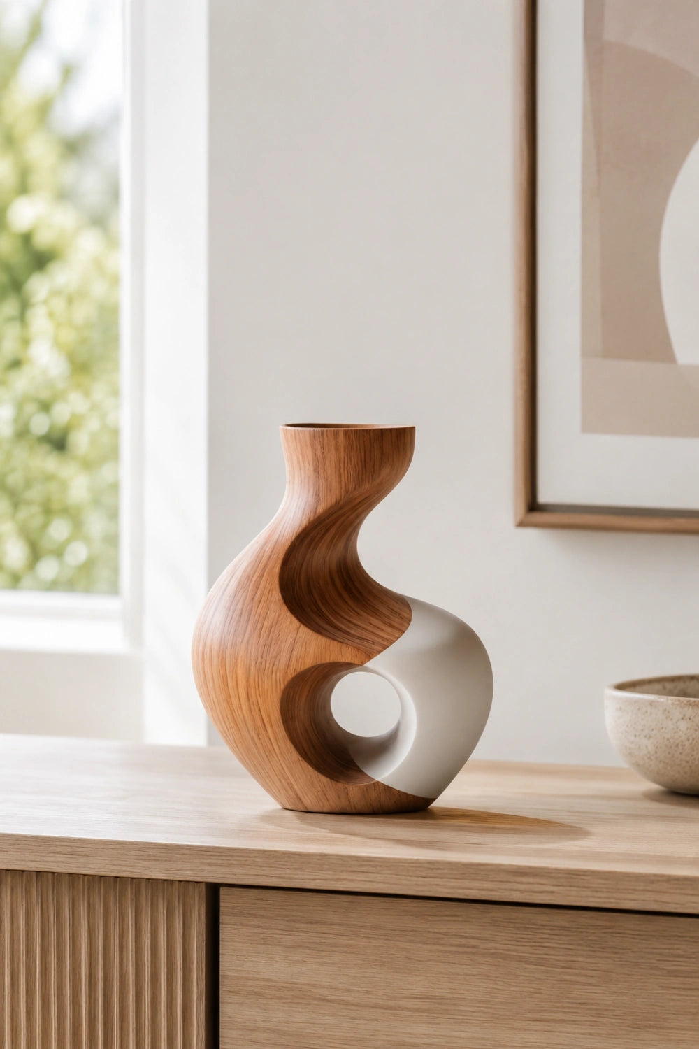 Hand-Carved Abstract Wooden Vase For Modern Home Decor With Unique Geometric Cutout