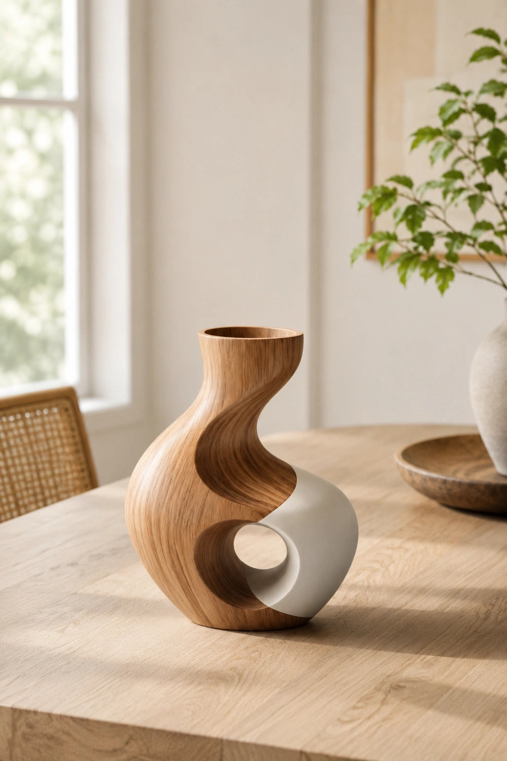 Hand-Carved Abstract Wooden Vase For Modern Home Decor With Unique Geometric Cutout