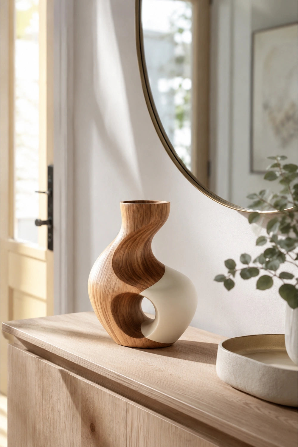 Hand-Carved Abstract Wooden Vase For Modern Home Decor With Unique Geometric Cutout