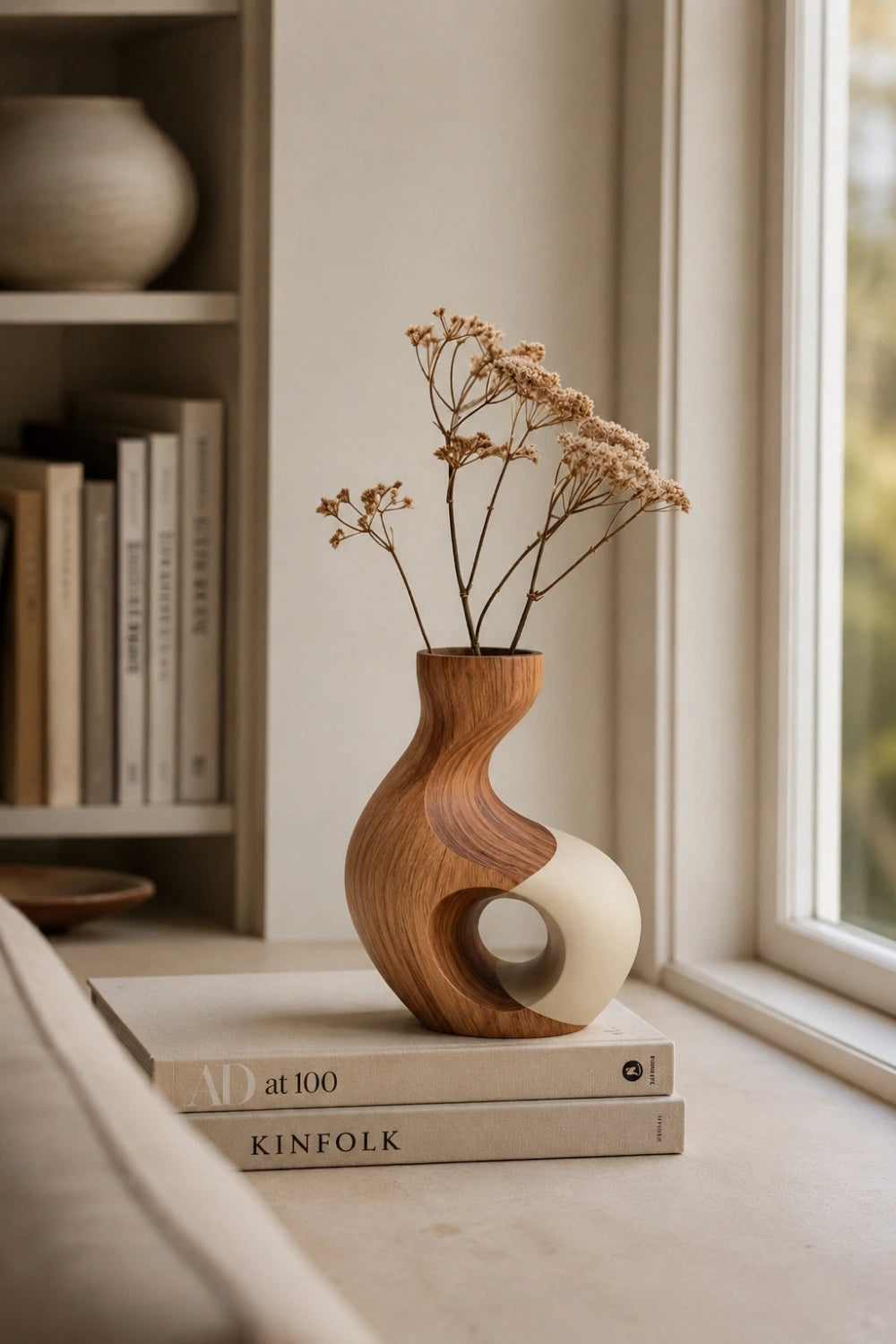 Hand-Carved Abstract Wooden Vase For Modern Home Decor With Unique Geometric Cutout