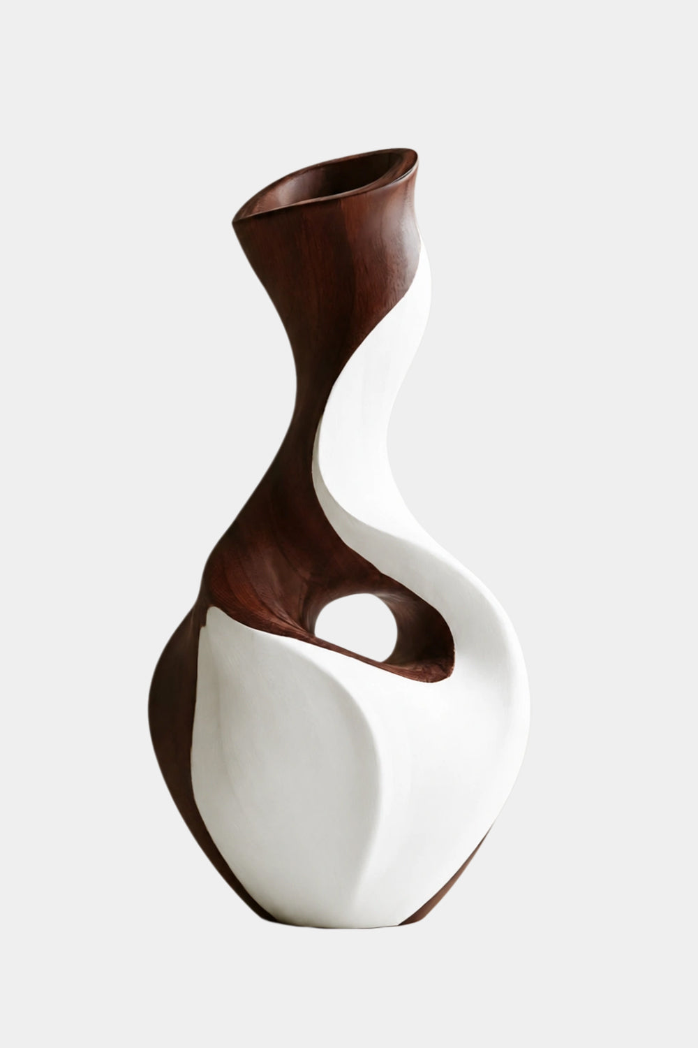 Hand-Carved Abstract Wooden Vase With Contrasting Walnut And White Wood Finish