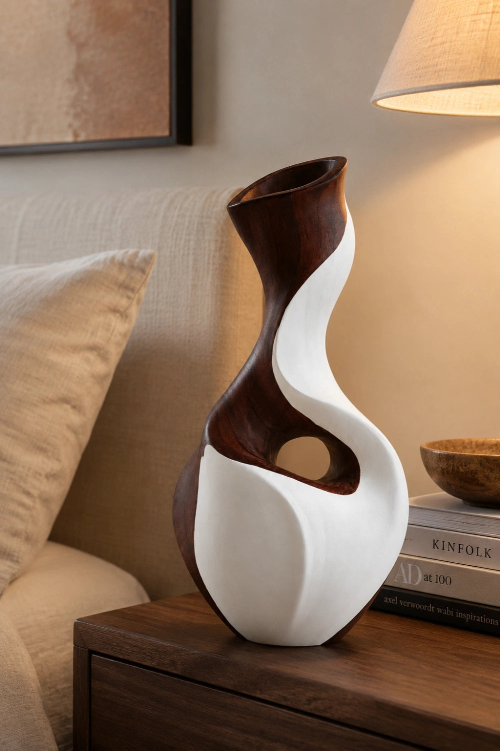 Hand-Carved Abstract Wooden Vase With Contrasting Walnut And White Wood Finish