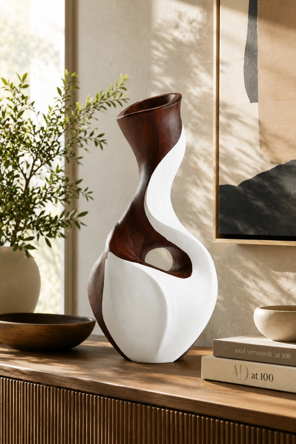 Hand-Carved Abstract Wooden Vase With Contrasting Walnut And White Wood Finish