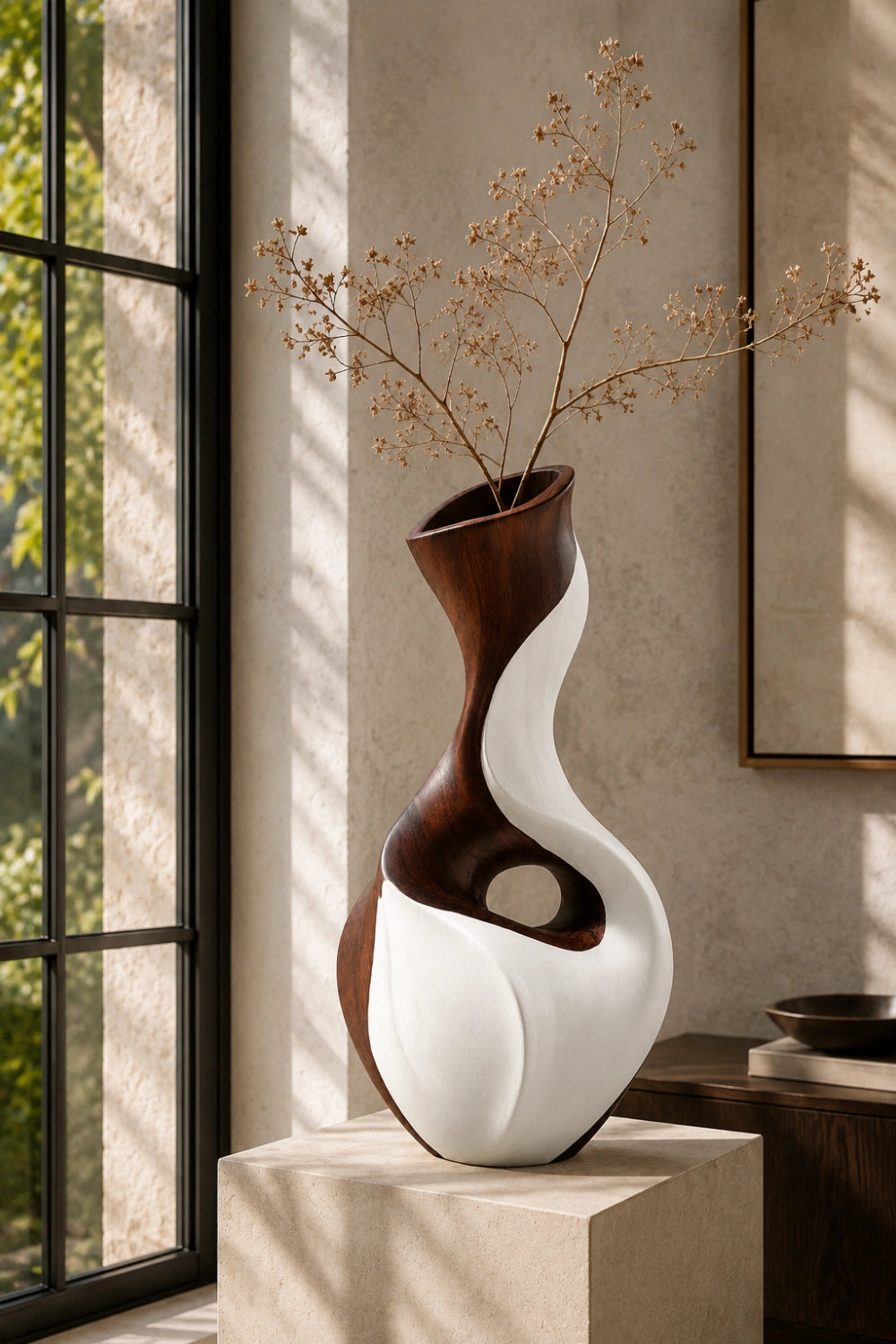 Hand-Carved Abstract Wooden Vase With Contrasting Walnut And White Wood Finish
