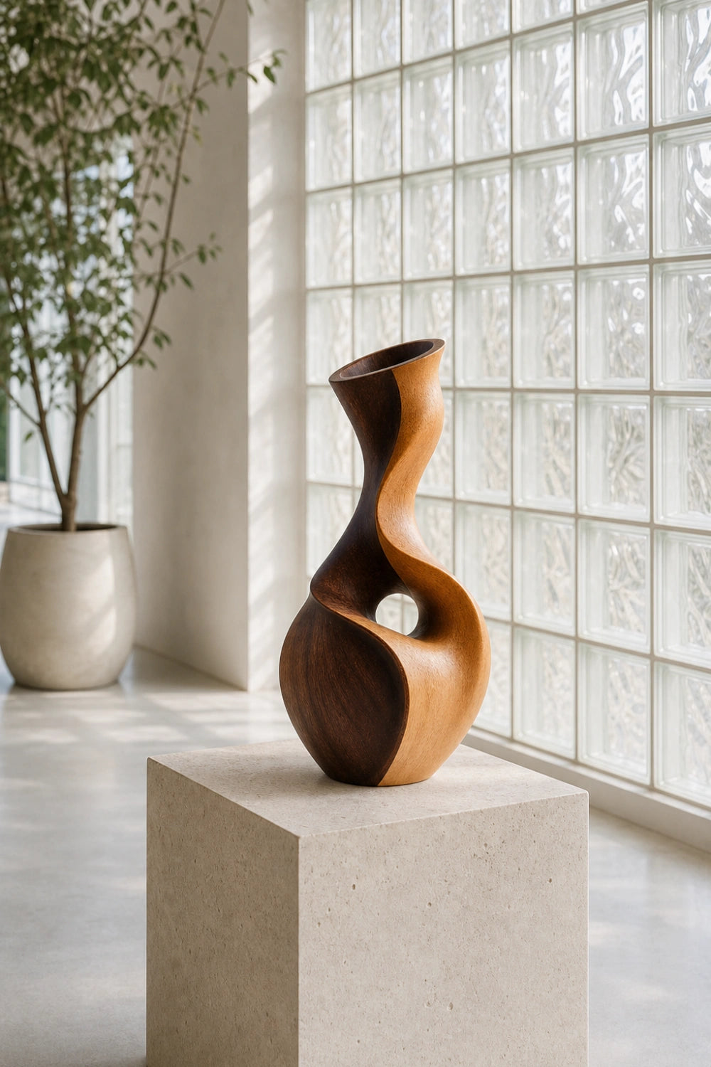 Hand-Carved Abstract Wooden Vase With Dual Tone Walnut Finish For Modern Home Decor