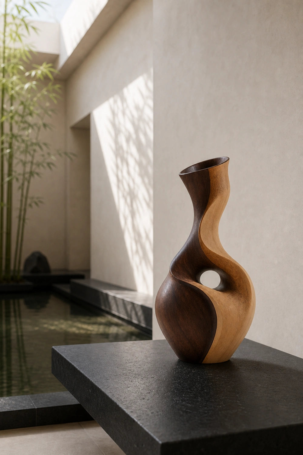 Hand-Carved Abstract Wooden Vase With Dual Tone Walnut Finish For Modern Home Decor