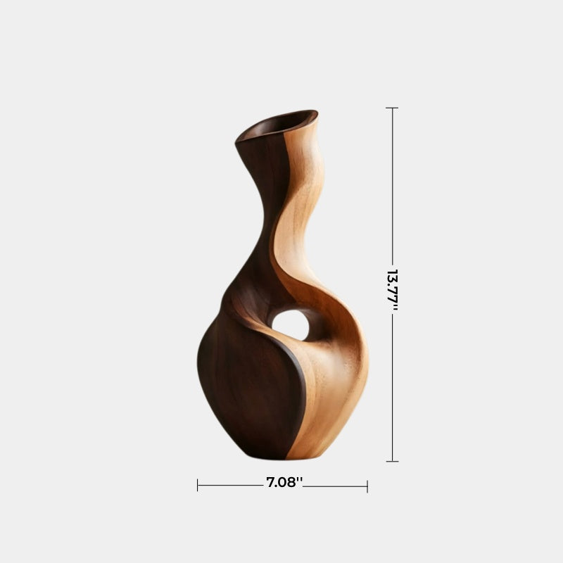 Hand-Carved Abstract Wooden Vase With Dual Tone Walnut Finish For Modern Home Decor
