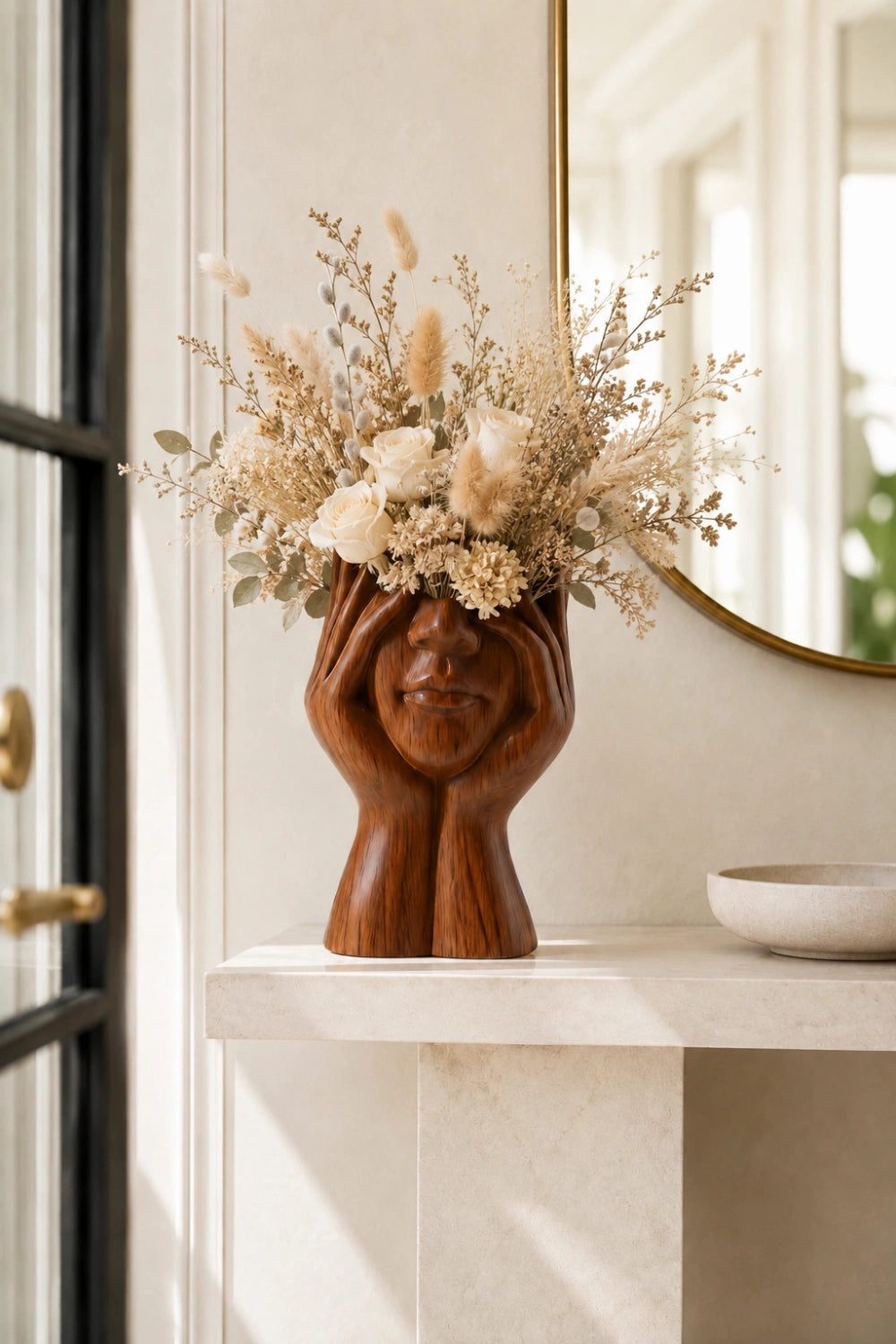 Abstract Face Wooden Vessel | Eclectic Sculptural Decor & Artistic Gift