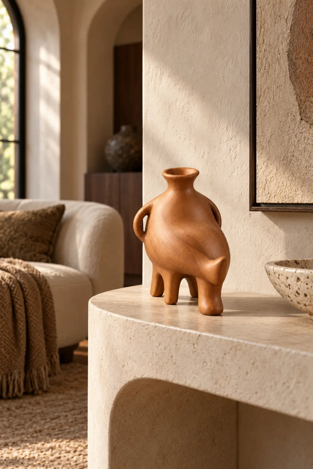 Abstract Zoomorphic Wooden Vase Sculpture | Whimsical Animal Vessel Home Decor