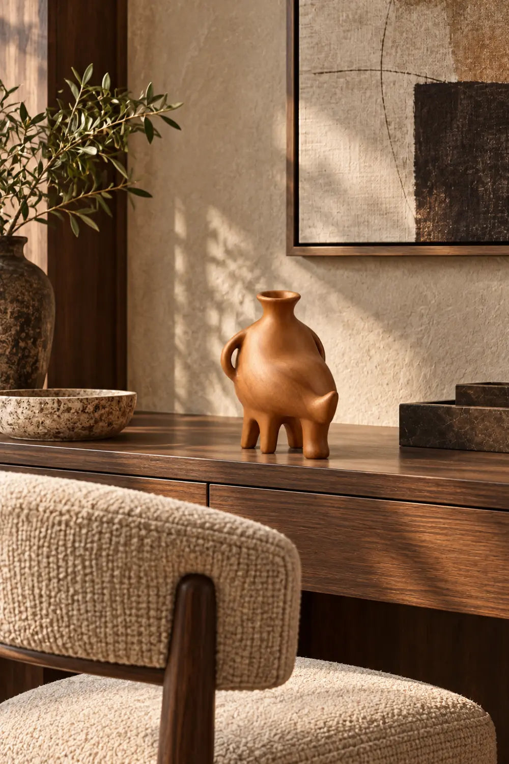 Abstract Zoomorphic Wooden Vase Sculpture | Whimsical Animal Vessel Home Decor
