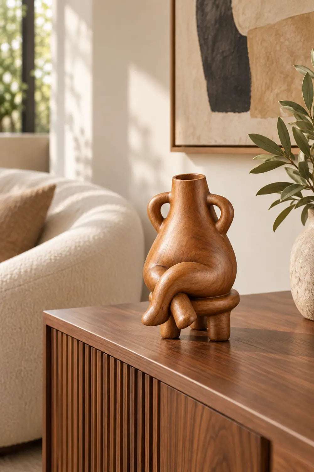Anthropomorphic Wooden Vase Sculpture | Surreal Seated Figure Vessel Decor