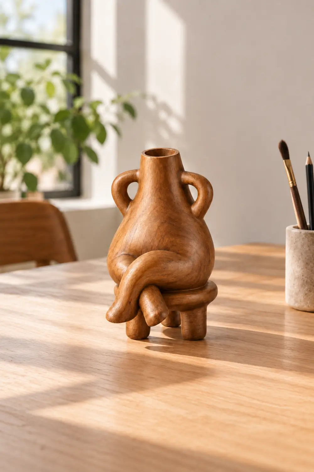 Anthropomorphic Wooden Vase Sculpture | Surreal Seated Figure Vessel Decor